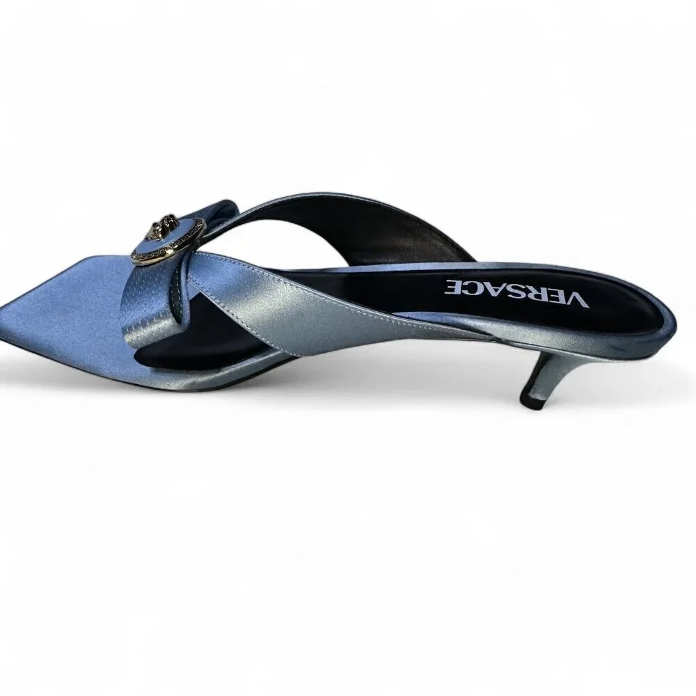 Versace Women's Blue Satin Mule Gianna Ribbon 45 mm sandals Sz 37.5